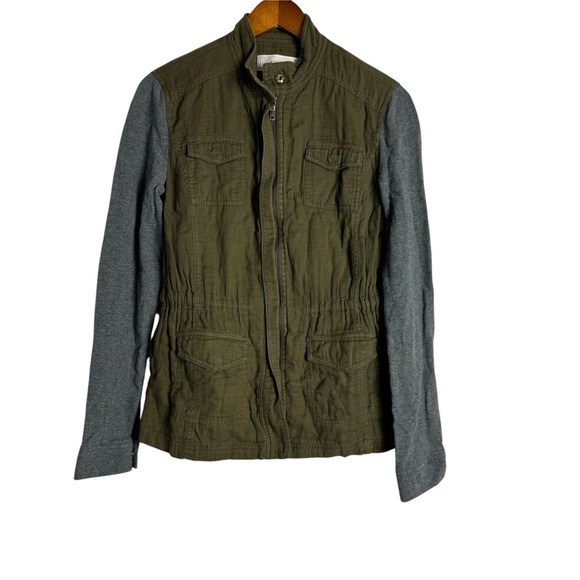 Caslon Zip Up Utility Jacket with Mixed Media Knit Sleeves Gray Green - Picture 2 of 7